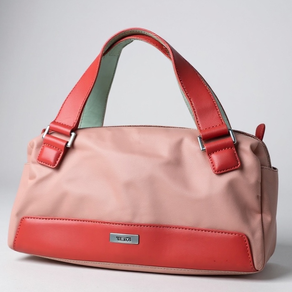 TUMI Nylon Satchel Leather Handles Purse Shoulder Bag Zip Pocket Pink Red Small
